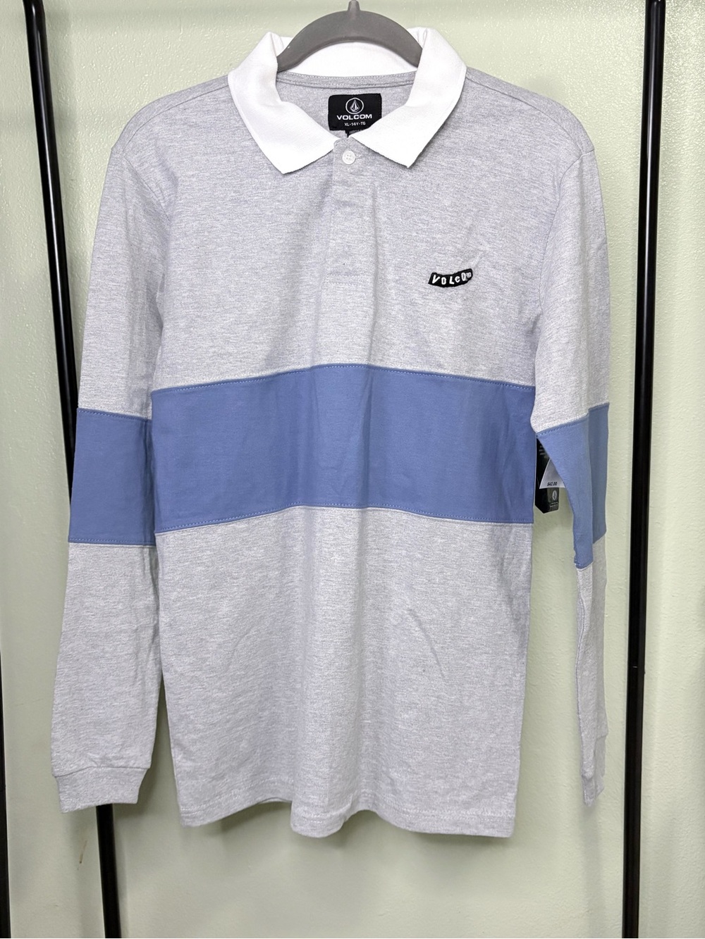 NWT Volcom Boys Grey Heather Blue Stripe Vando Long Sleeve Polo Shirt Size 14